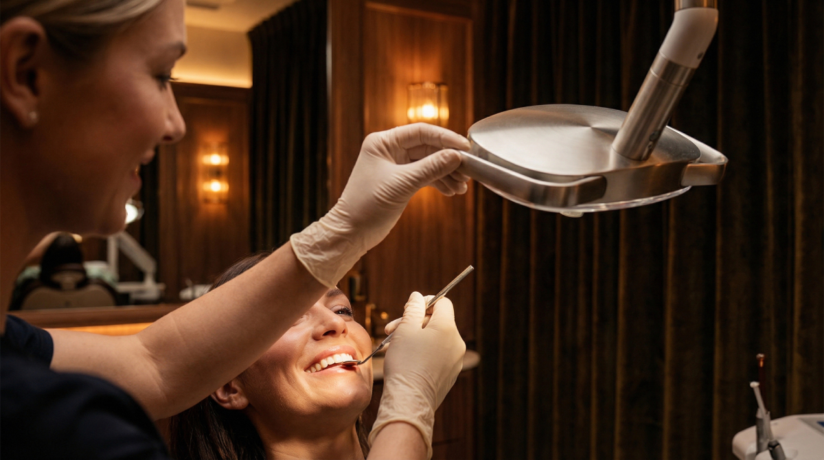 Dentist performing examination with mirror and tools on smiling female patient